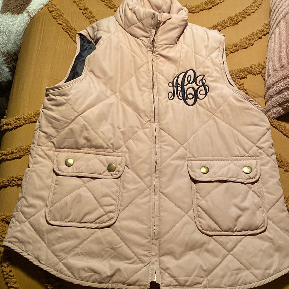 Monogrammed Puffer Vest/AJC Momogram in dark brown on a Tan Vest